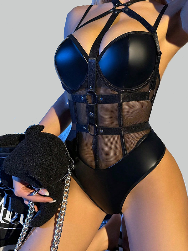 Black leather bodysuit with mesh panels and adjustable body chains for a bold, edgy lingerie look.