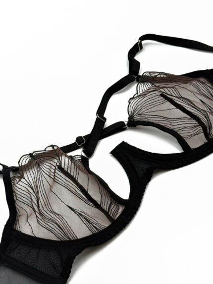 Bra & Panty Set – Black Mesh Lingerie with Line Detail and Cross Straps