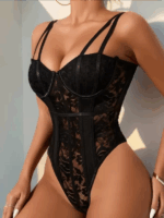 Sexy black lace bodysuit with underwire support and sheer floral mesh design