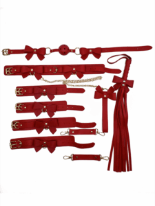 10-piece red BDSM bow-themed bondage set with collar, cuffs, gag, leash, flogger, and restraints