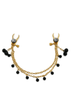 Elegant black and gold nipple clamps with gemstone accents and dangling bell chains