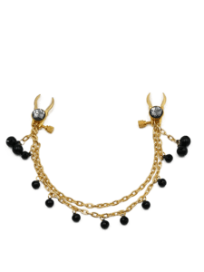 Elegant black and gold nipple clamps with gemstone accents and dangling bell chains