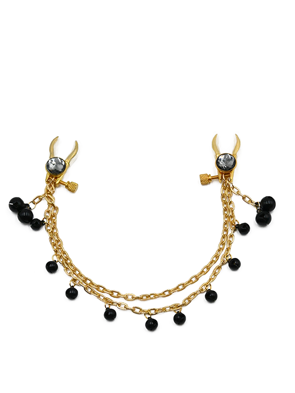 Elegant black and gold nipple clamps with gemstone accents and dangling bell chains