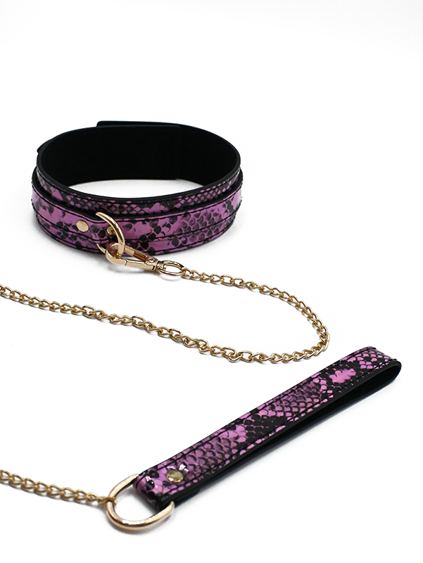 Pink snake print collar with gold leash for stylish BDSM or roleplay fun