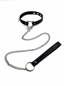 Black cat ear collar with silver bell and detachable metal leash