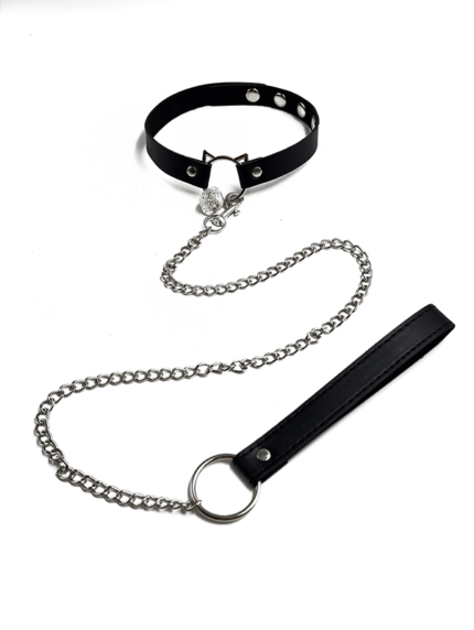 Black cat ear collar with silver bell and detachable metal leash