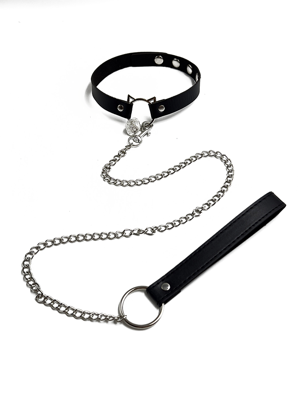 Black cat ear collar with silver bell and detachable metal leash