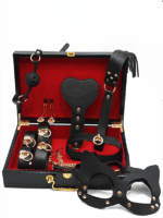 8-piece luxury black leather BDSM kit with gold accents, cat mask, and red-lined storage case
