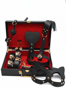 8-piece luxury black leather BDSM kit with gold accents, cat mask, and red-lined storage case