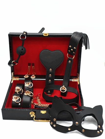 8-piece luxury black leather BDSM kit with gold accents, cat mask, and red-lined storage case