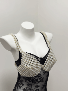 Sexy pearl lingerie with conical pearl bra harness for an elegant and seductive look.