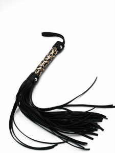 Leopard print faux leather whip with black tassels and wrist strap