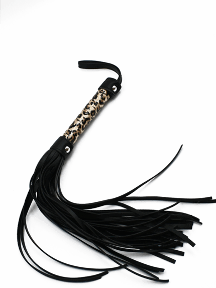 Leopard print faux leather whip with black tassels and wrist strap