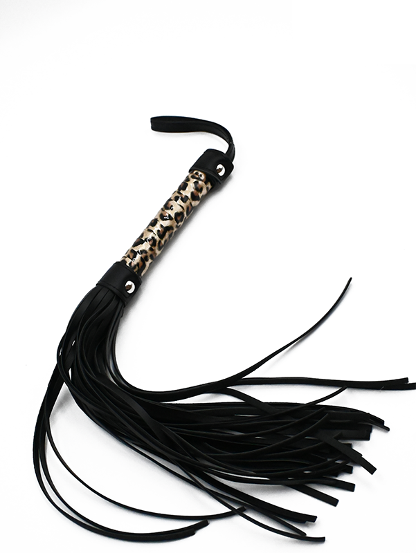 Leopard print faux leather whip with black tassels and wrist strap